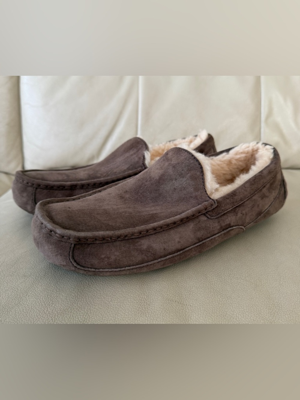 UGG Men's Chocolate Brown Suede Slip-On Moccasins with Cream Shearling, size 11